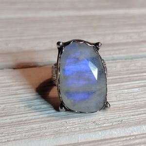 100% Sterling Silver Rainbow Moonstone wide band solitaire ring.